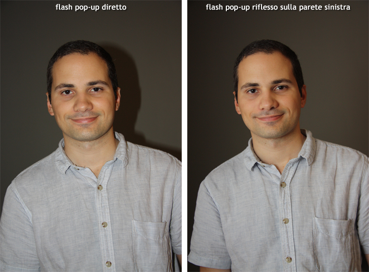 Flash pop-up diretto e riflesso su una parete alla sinistra della macchina fotografica