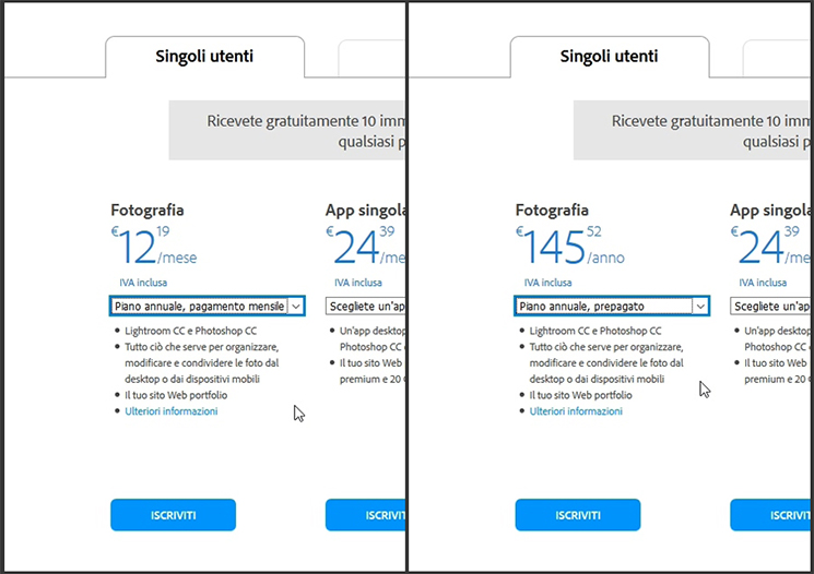 Prezzo del pacchetto Adobe per fotografi