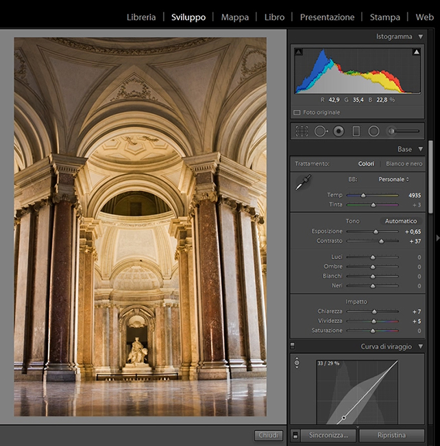 La sezione di sviluppo di Lightroom