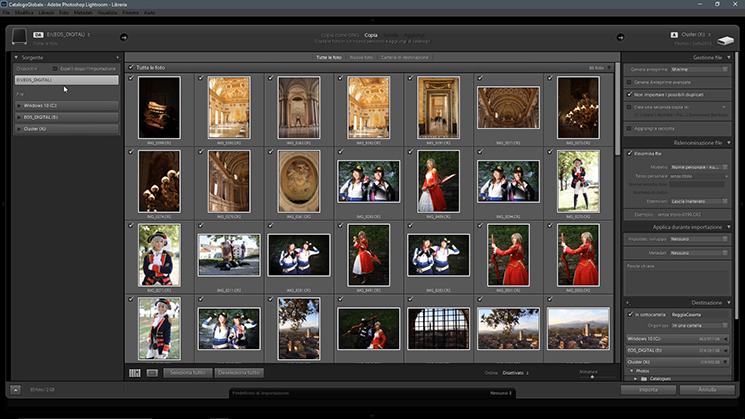 La finestra di importazione su Lightroom